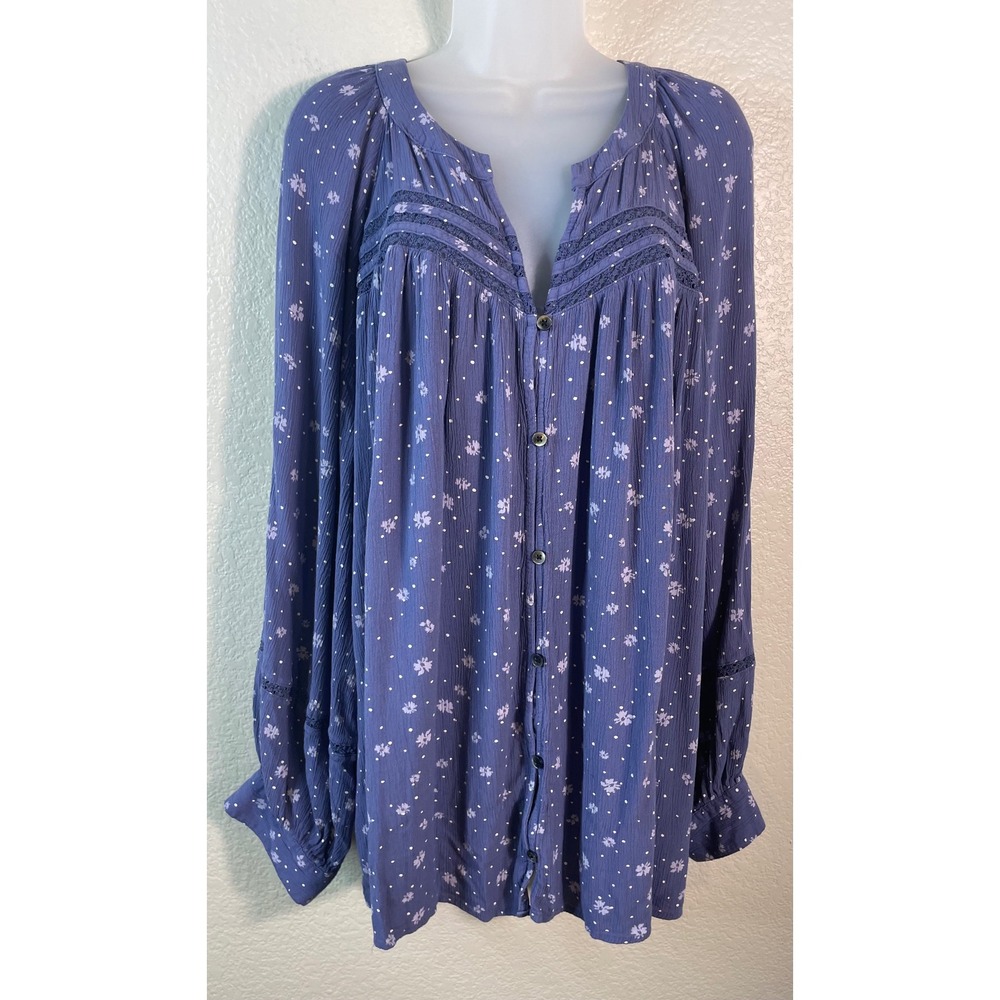 Sonoma Womens 4X Button Down Blouse Purple Floral Lace Trim Long Sleeve Rayon